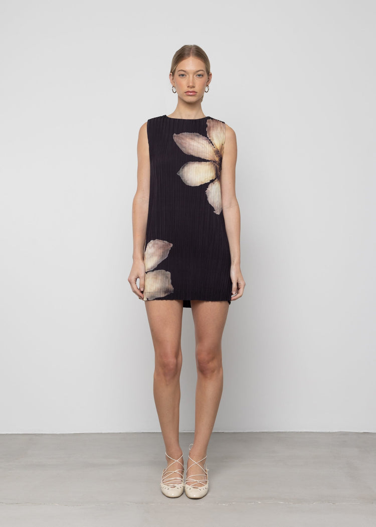 PLEATED FLORAL MINI DRESS