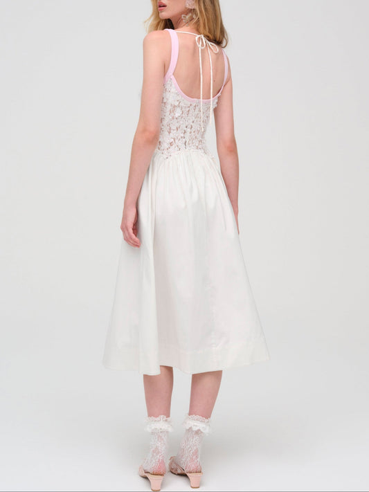 STACKED BLOSSOM LACE MIDI DRESS