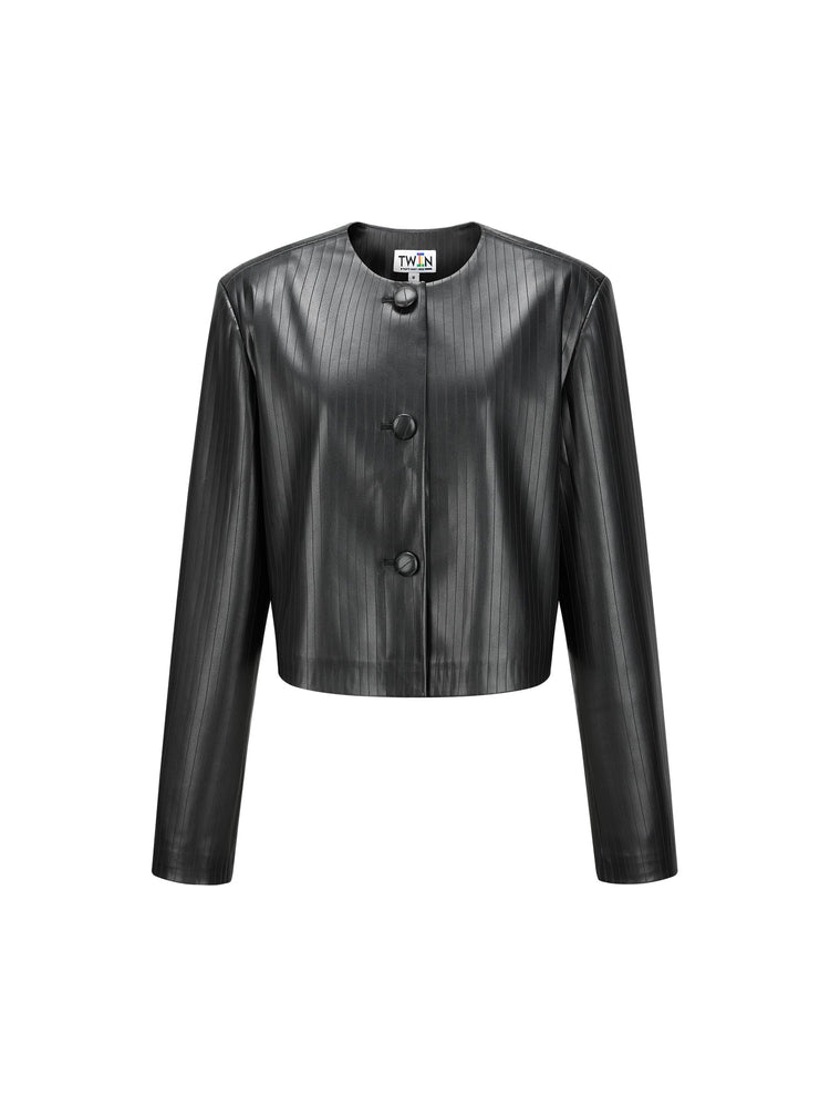 FAUX LEATHER STRIPE BUTTON JACKET