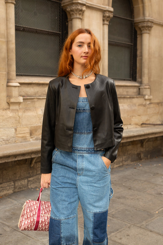 FAUX LEATHER STRIPE BUTTON JACKET
