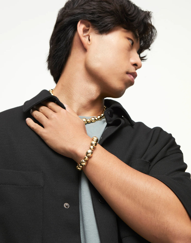 LEATHER BRACELET ROUND BEADS GOLD