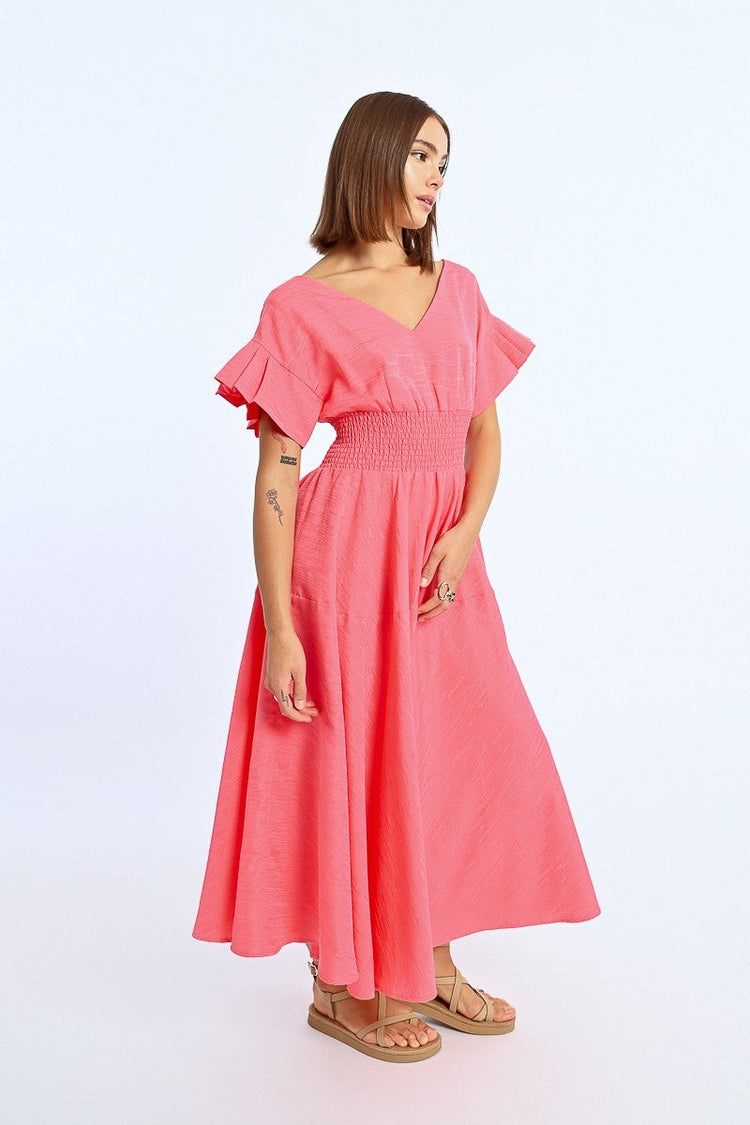 RUFFLE SLEEVE MIDI DRESS