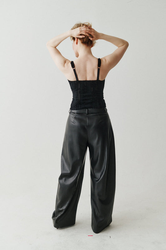 FAUX LEATHER STRIPE BARREL LEG PANT