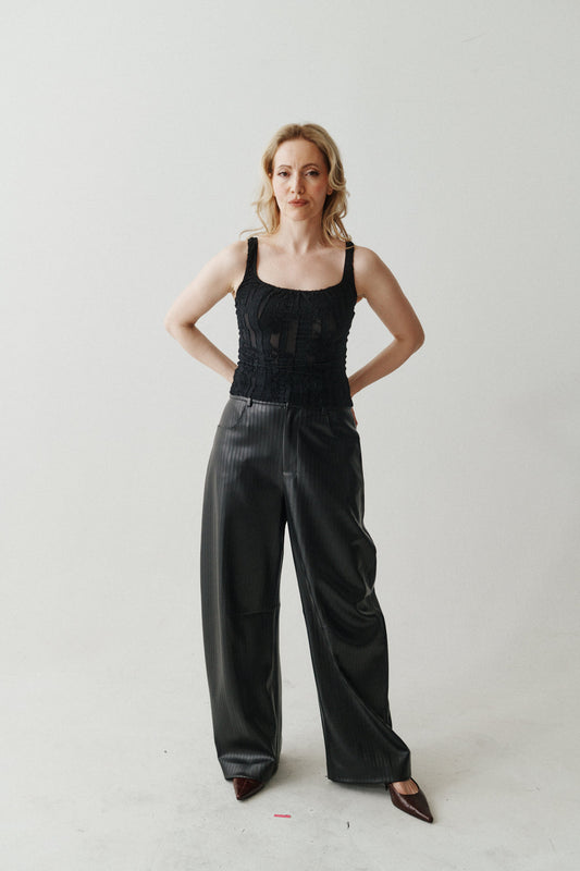 FAUX LEATHER STRIPE BARREL LEG PANT