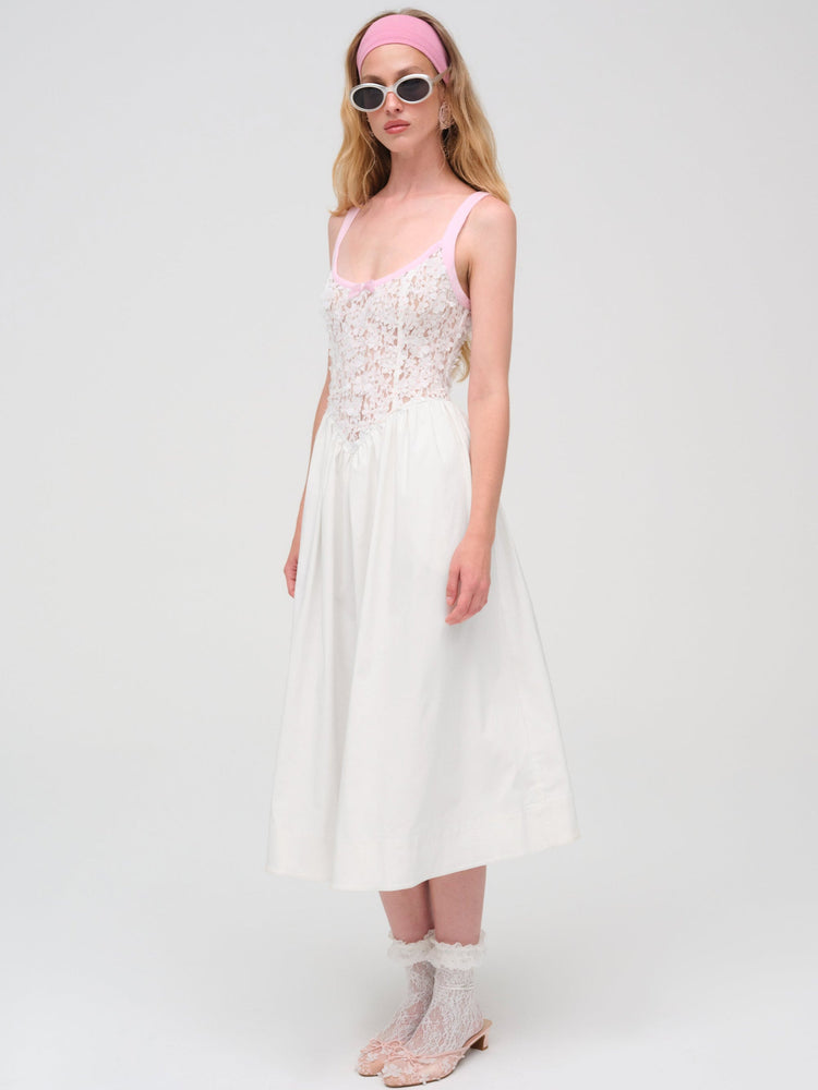 STACKED BLOSSOM LACE MIDI DRESS