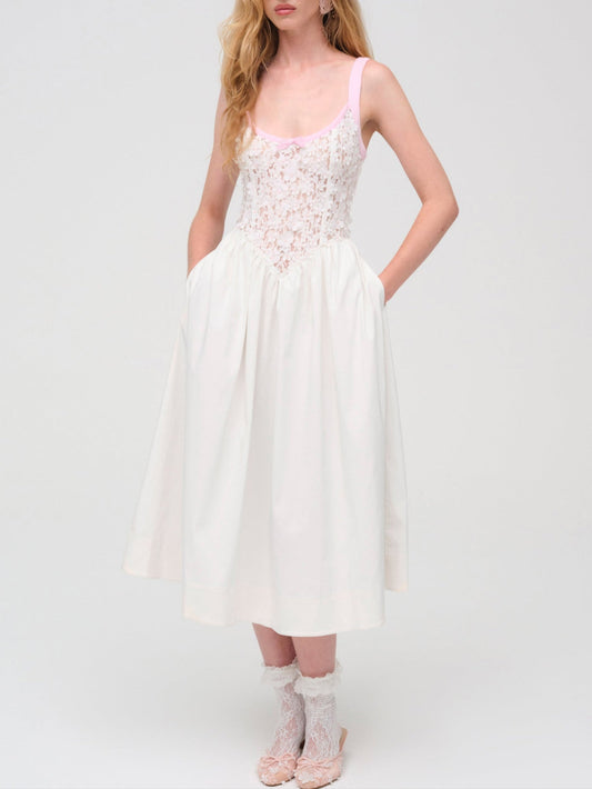 STACKED BLOSSOM LACE MIDI DRESS