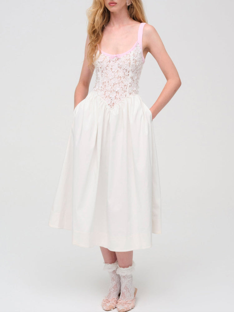 STACKED BLOSSOM LACE MIDI DRESS