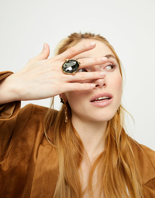 GREY OVAL CRYSTAL RING GOLD