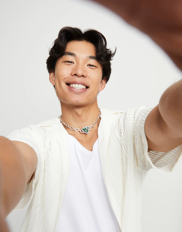 GREEN CRYSTAL LINK CHAIN NECKLACE SILVER